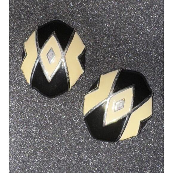 EARRINGS VTG Black & Cream Enameled Silver Pierced - Picture 8 of 8
